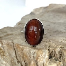 Sterling Silver 925 Oval Bezel Set 0.75" Tigers Eye Cats Eye Quartz Ring Sz 6.5