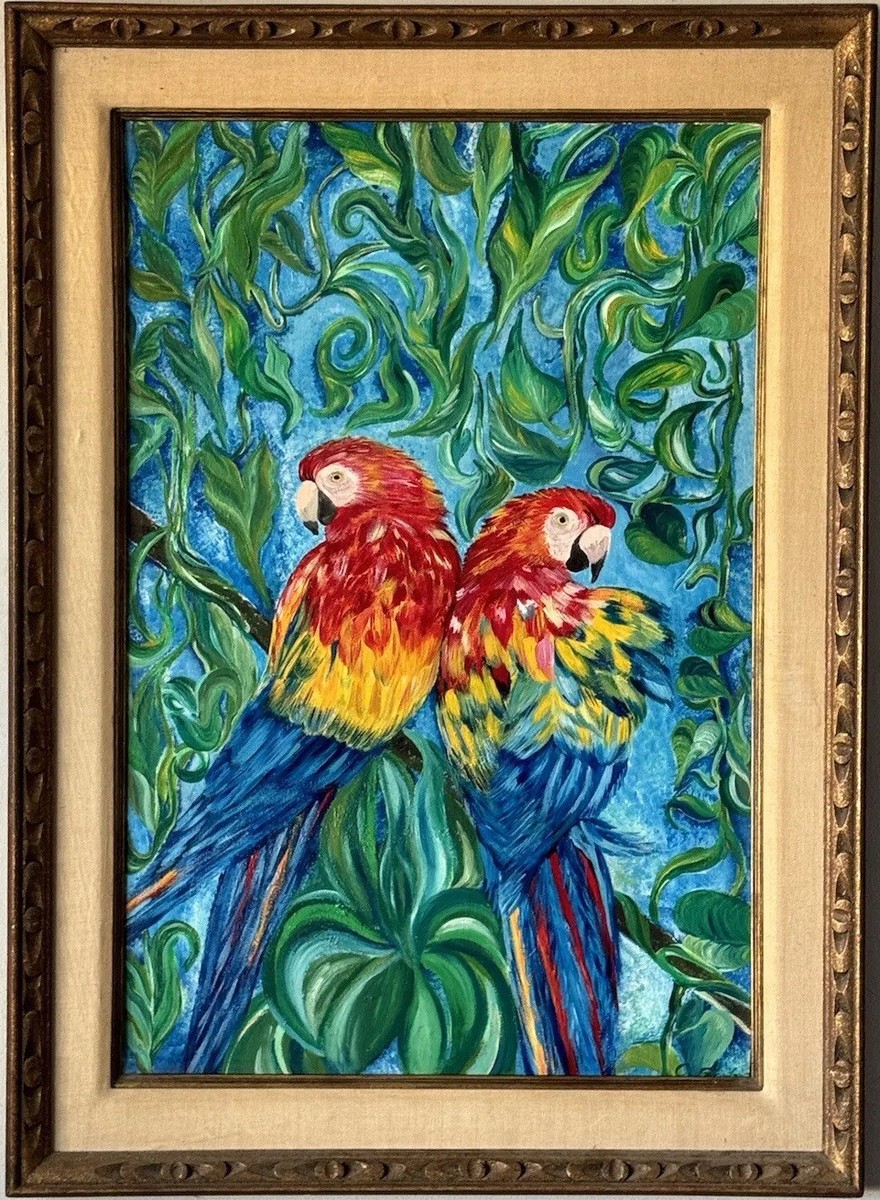 EXOTIC ANTIQUE MODERN PARROT IMPRESSIONIST OIL PAINTING VINTAGE