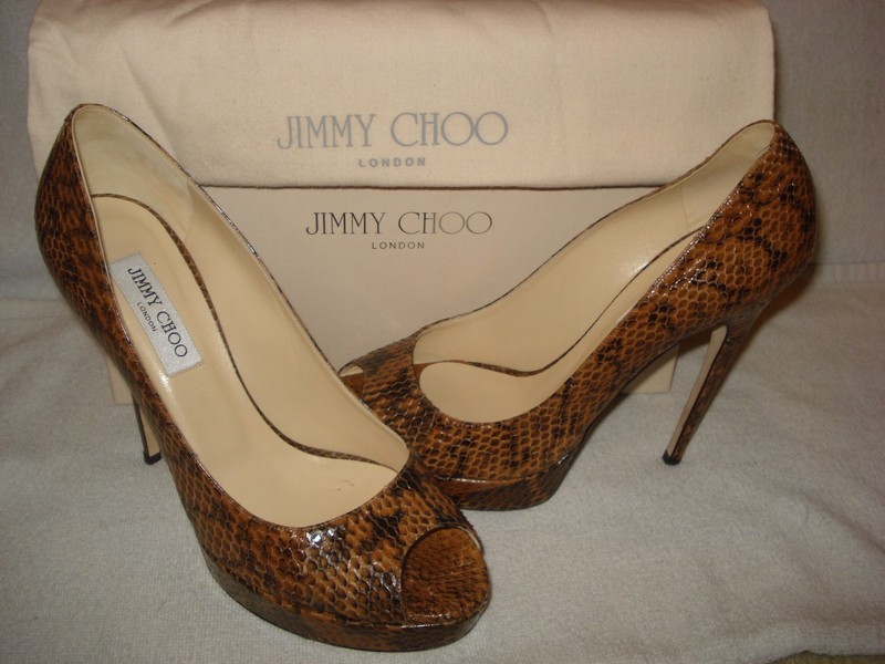 100% AUTHENTIC NEW WOMEN JIMMY CHOO CROWN COGNAC SNAKE LEATHER HEEL US 11