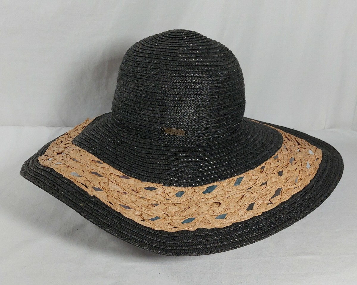Panama Jack Wide Brim Floppy Summer Black Straw Sun Hat BoHo 