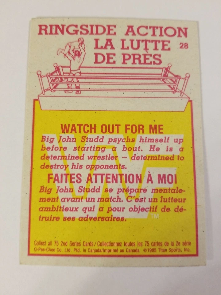 1985 Series 2 O-Pee-Chee WWF Wrestling #28 Big John Studd OPC Topps LJN - Image 2 of 2