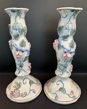 Set of 2 - Chinese H.F.P. Macau - Pastel Flowers Porcelain Taper Candlesticks