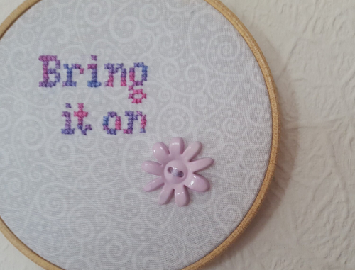 Hand Embroidered Hanging Hoop Art. Motivational Words 5" Diameter New - Picture 2 of 4