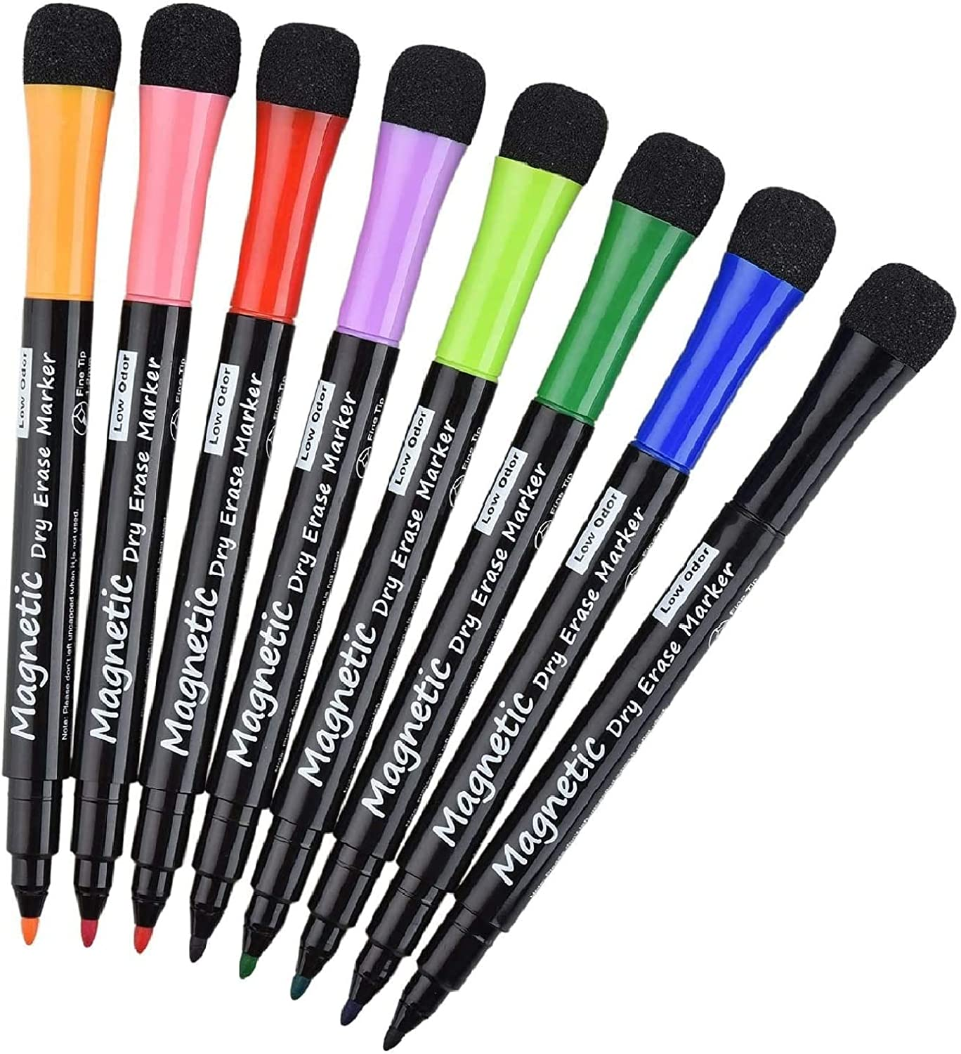 Magnetic Dry Erase Markers - Fine Tip, Assorted Colors, 8 Pack, Low Odor Whitebo