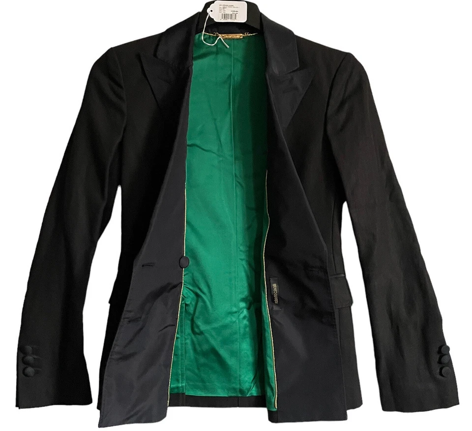 Roberto Cavalli Jacket 42 Long Sleeve Double Breasted 2 Button Tuxedo Black New - Image 2 of 4