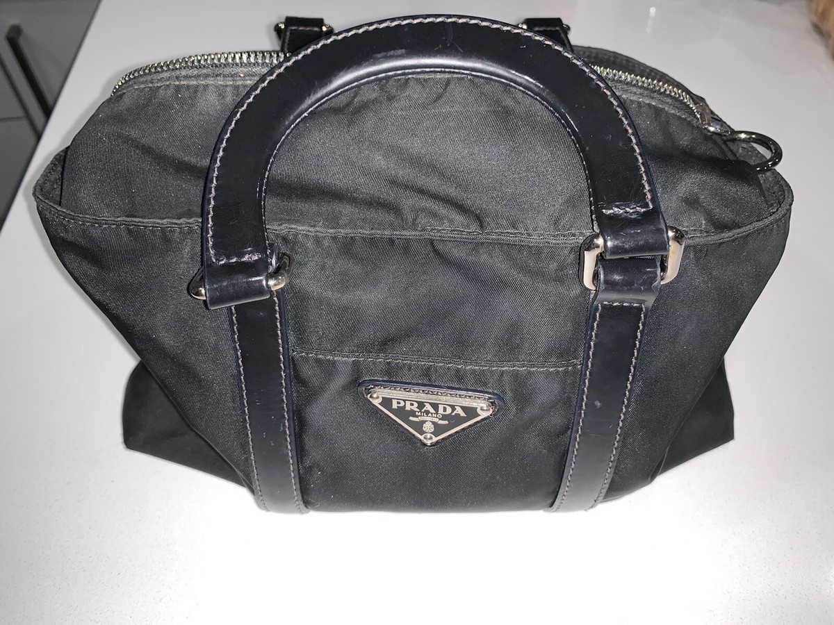 Prada Milano Tessuto Nylon Purse Tote Handle Bag Leather Black