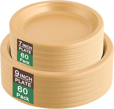 120Pcs Gold Plastic Plates,Include 60 PCS 9 Inch and 60 PCS 7 Inch Disposable Pl
