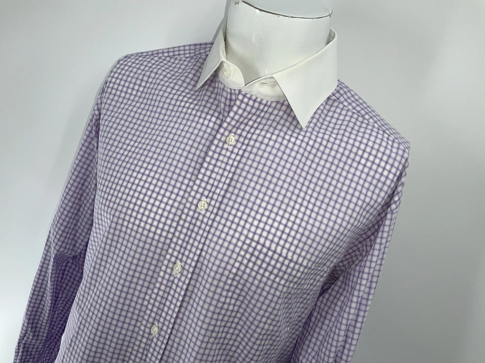 Savile Row French Cuff Dress Shirt 15.5 33 Purple White Check Cotton YGI X4-124 - Image 3 of 4