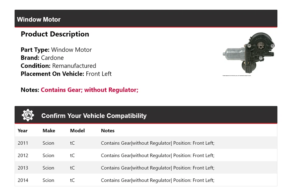 Motor ventana delantero izquierdo cardone 2012 2013 Scion tC 2011-2014 Foto 2 de 4
