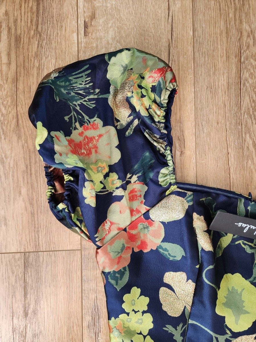 so stunning navy blue floral jacquard puff sleeve mini dress NWT Lulus So Stunning Navy Blue Gold Floral Jacquard Puff Sleeve Mini Dress  M
