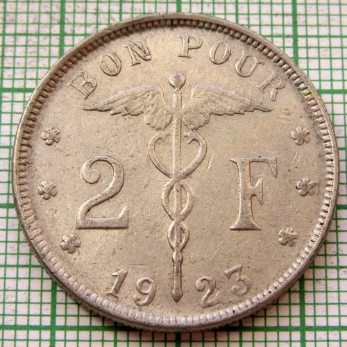 BELGIUM ALBERT I 1923 2 FRANCS Caduceus & Kneeling Woman, French Legend NICKEL - Picture 3 of 6
