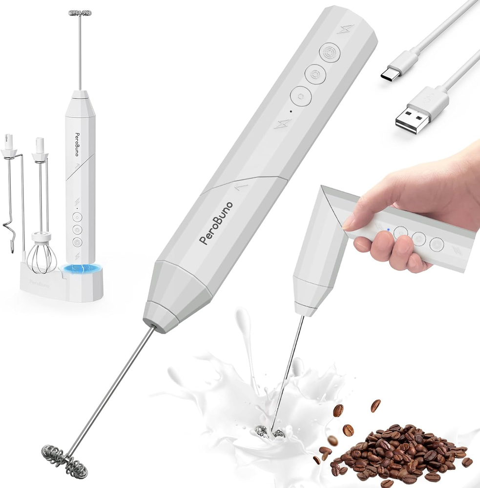 Milk Frother, 3 Speeds Frother Wand Electric Whisk with Charging Base, Type C Re
