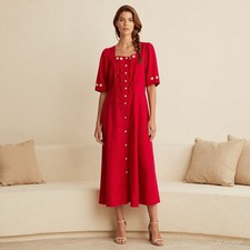Evening Vintage Maxi Dress Red Cotton Square Neck Short Sleeve Button US 10