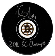 Dennis Seidenberg Signed Boston Bruins Logo Puck w/ 2011 SC Champs JSA Wit. COA