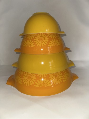 VINTAGE PYREX YELLOW ORANGE SUNFLOWER DAISY CINDERELLA NESTING MIXING BOWL SET 4 - Picture 5 of 12