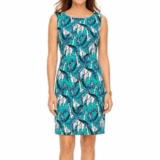 Talbots Giraffe Print Sheath Dress 14 P Green Blue Preppy Country Club Safari