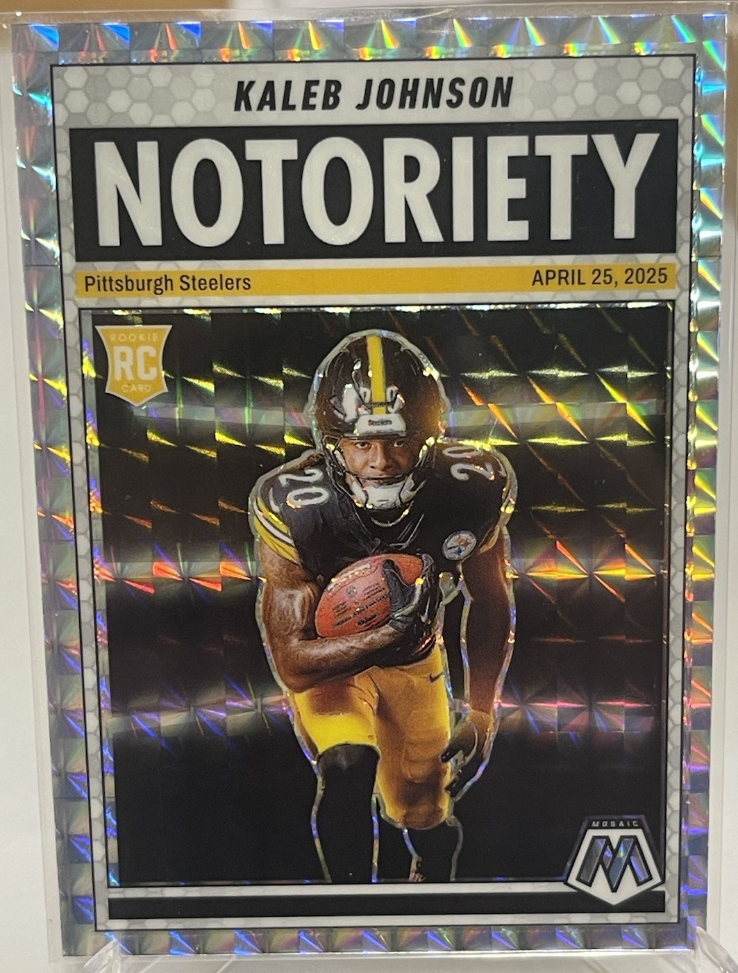 2025 Mosaic NOTORIETY Kaleb Johnson Silver Prizm Rookie Card Steelers Packers