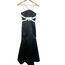 Jessica McClintock Gunne Sax VTG Formal Black Satin Dress White Bow Straps 3/4