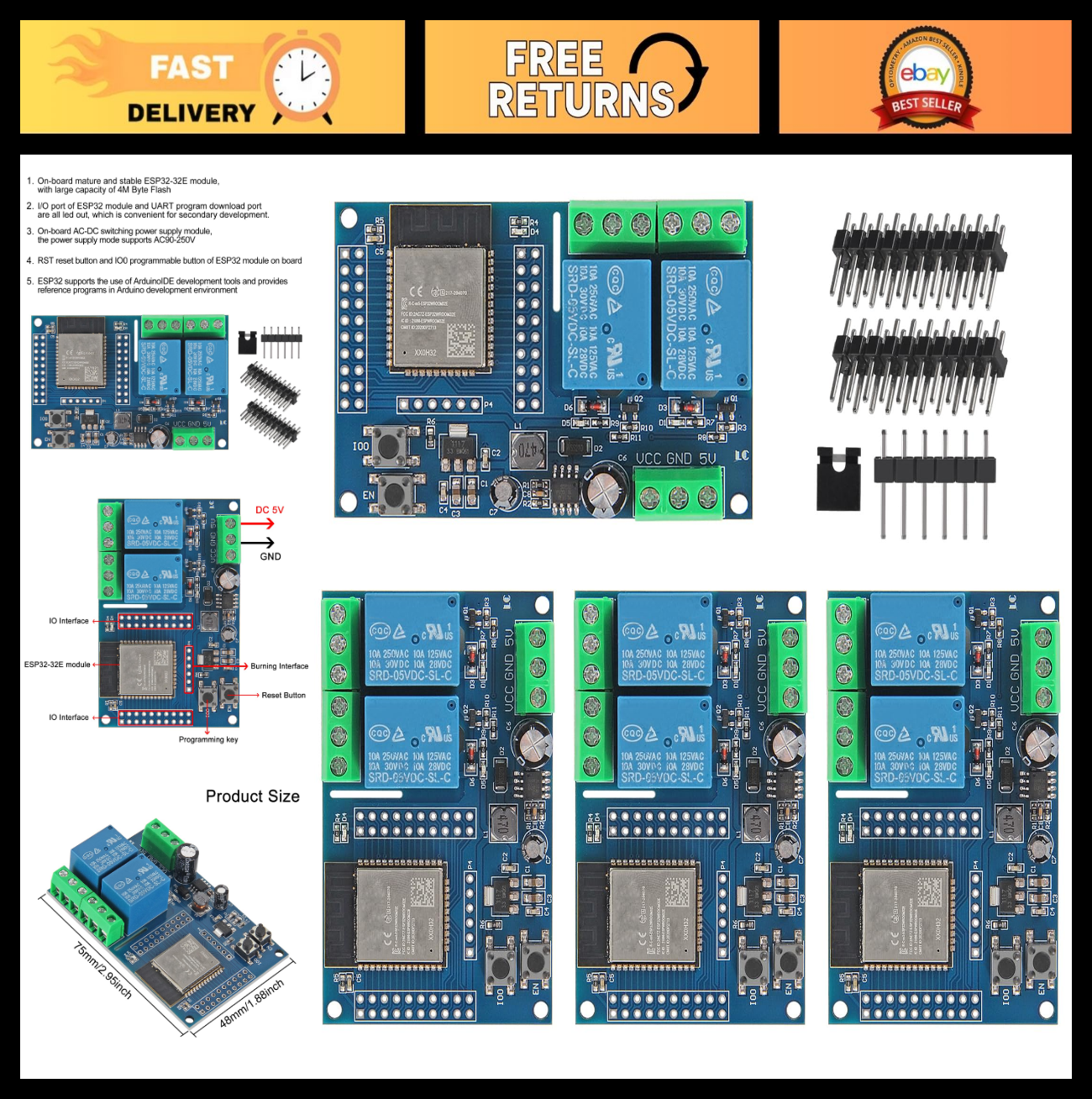 4Pcs 2 Channel Relay Module 5V for ESP32 & Arduino, DC5-30V Smart Home ...