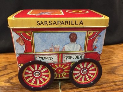 Tinscapes Popcorn Wagon Tin Candy/Trinket Box -Am. Landscape  wheels move, 1994