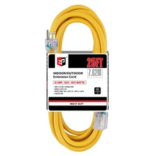 25 ft Lighted Outdoor Extension Cord - 12/3 SJTW Heavy Duty Yellow Extension ...