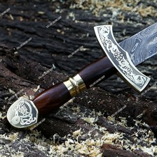 Custom Hand Forged Damascus Steel Viking Sword Rosewood Handle Medieval Leather