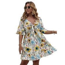 Floral Tie Front V-Neck Mini Dress CBoho Ruffle Hem Short Sleeve Size XL