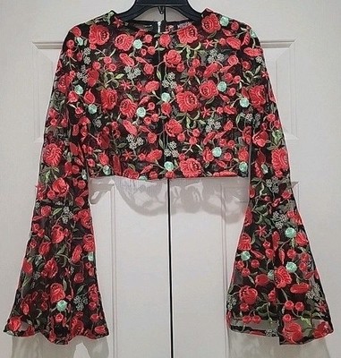 MISSPAP Embroidered Mesh Crop Top Women 8 Back Zip Sheer Lace Rose Floral Sleeve