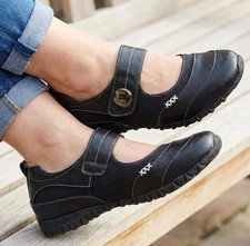 Womens Flat Shoes Comfort Soft Leather Black Velccro Mary Jane Shoes Size UK 3-8