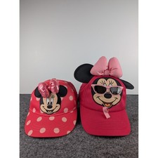 Lot of 2 Disney Minnie Mouse Baseball Caps Kids OSFM Red Pink 3D Ears Bows WDW