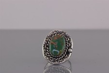 Native American Sterling Silver Oval Green Turquoise Rope Trim Ring 925 Sz: 6