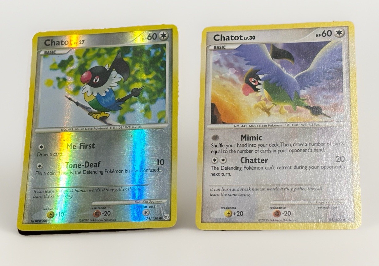 Chatot Reverse Holo 2007 + Chatot 2008 Pokémon Cards
