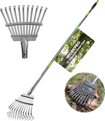 Rake, Small Rake for Leaves with 72  Adjustable Long Handle, 11 Steel Tines, Hea