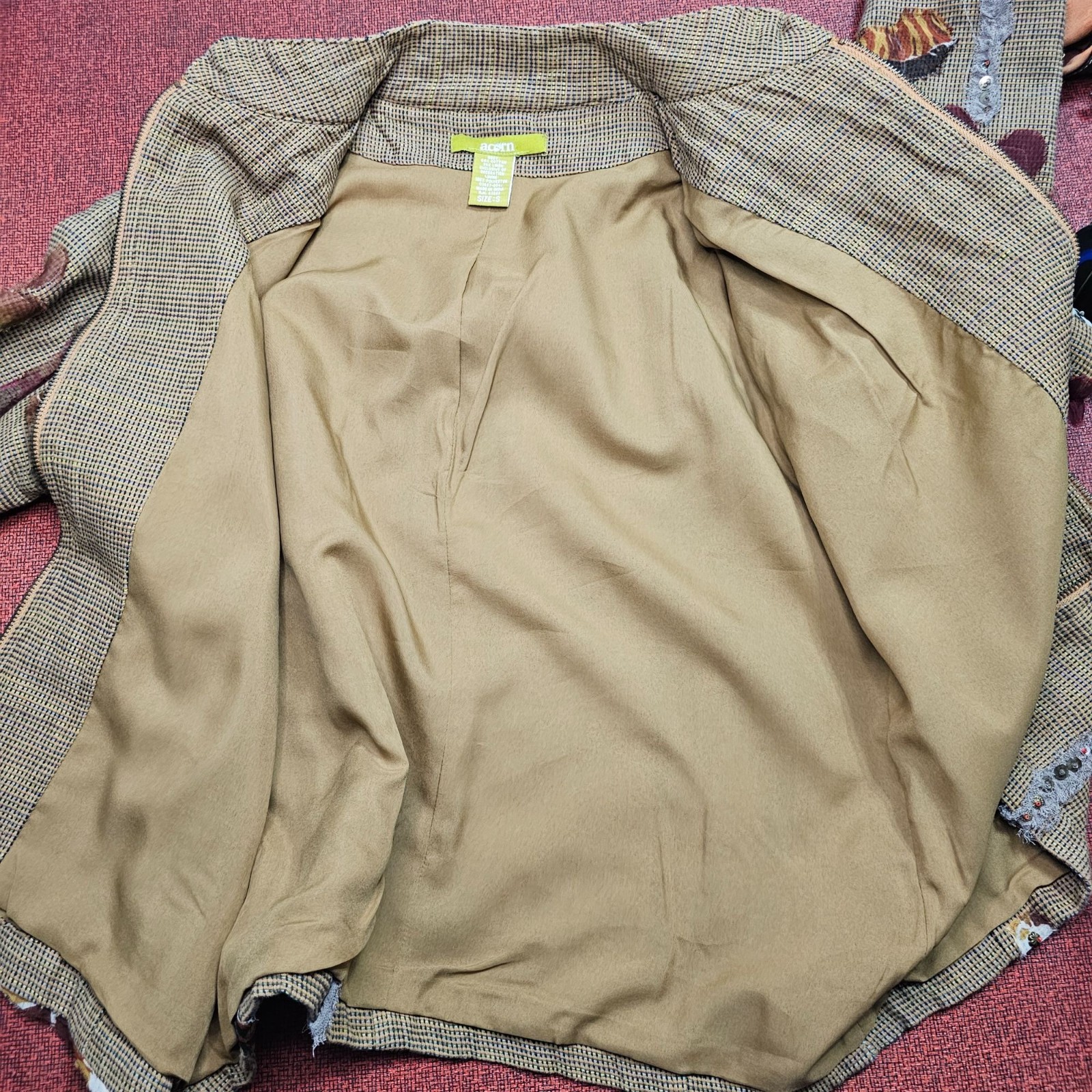 Eclectic Artsy Patchwork Full Zip Jacket S Brown … - image 9