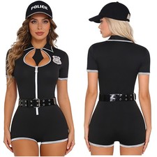 Womens Policewoman Dirty Cops Outfit Necktie Bottom Bodysuit with Hat and Belt