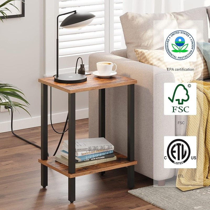 End Table W/ Charging Station USB Ports AC Outlets 2-Tier Storage Nightstand