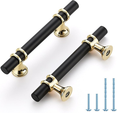 Matte Black and Brushed Brass Cabinet Handles, 3 Inch Hole Center Modern T-Bar D