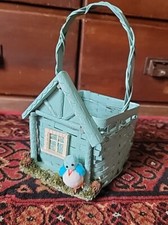 Vintage Weaved Wicker Easter Holiday Basket Blue House Cottage Farmhouse