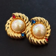 Vintage Clip Earrings Moghul Mogul Gold Tone Faux Pearl Rope Button 1980s Retro
