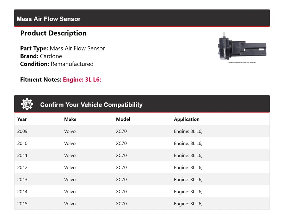 Sensor de flujo de aire másico Cardone para Volvo XC70 3L L6 2009-2015 2010 2011 2012 2013 Foto 2 de 4