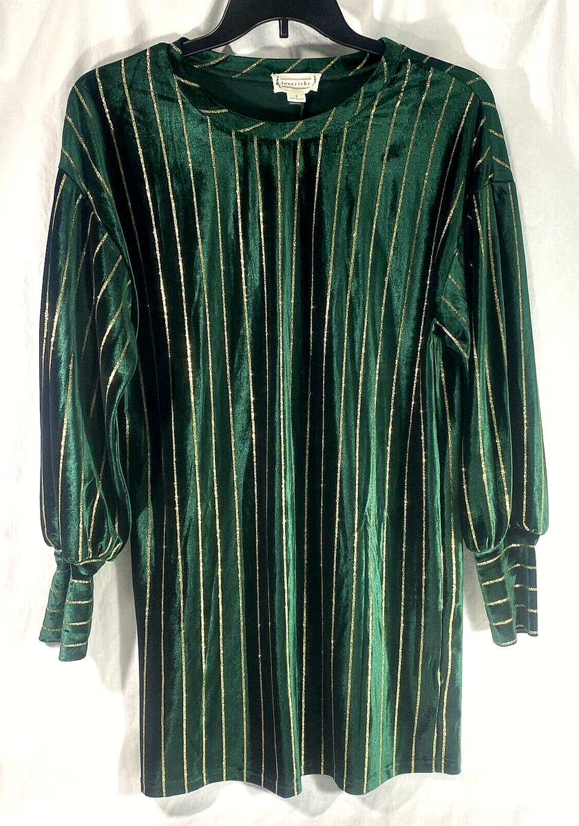 Loveriche Long Sleeve Dress Dark Green Velvet Gold Striped Small