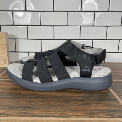 JSport Cara Shoes Womens Size 9 Black Open Toe Lightweight Strappy Wedge Sandals