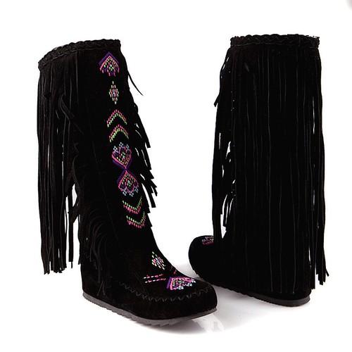 Mujer Bordados Indios Mocasines Planos Hasta la Rodilla Bota Borlas Zapatos Montar - Imagen 11 de 18