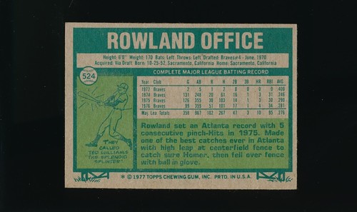 1977 Topps #524 Rowland Office * Outfield * Atlanta Braves * EX-MT * - Picture 2 of 2