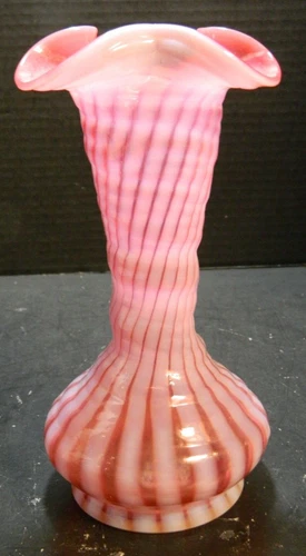 Vintage Fenton Opalescent Cranberry Striped Art Glass Vase 8" x 3.75" x 3.75" Ex