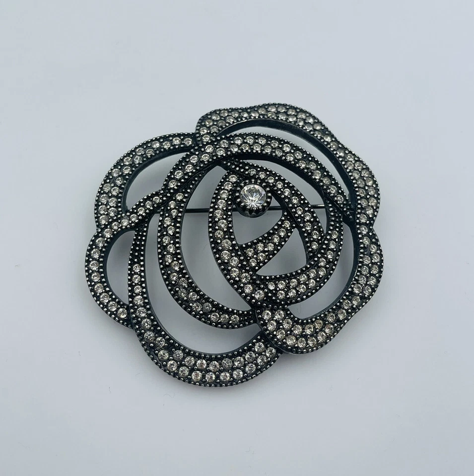 Christian Dior Vintage Clear Rhinestone Black Rose Flower Large Pin Brooch