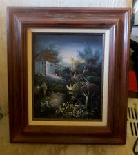 Vintage Framed Oil Painting on Canvas River Cottage Home 9x11 inch without frame