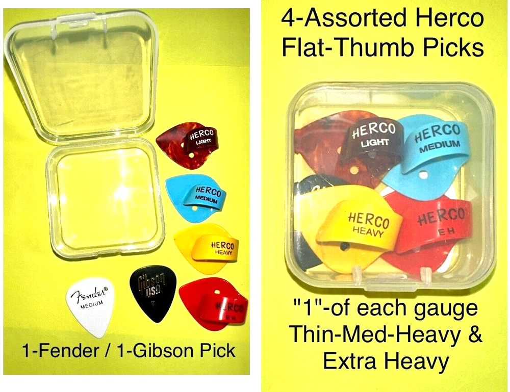 4 HERCO Flat Thumb Picks, 1-Each Thin- Medium- Heavy- Extra-Heavy With Small BOX
