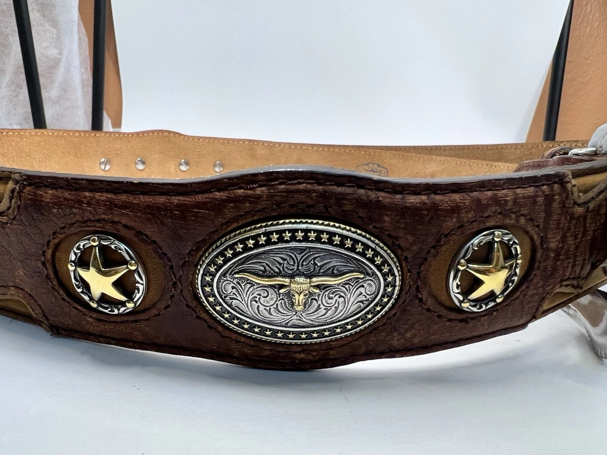 Tony Lama Leather Belt Sz 34 Brown Gold‎ Buckle Made In USA brass Buckle Western Men main image 4
