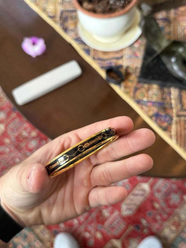 Brazalete Brazalete Esmalte Hermès Azul Marino/Dorado Motivo Ecuestre Foto 4 de 4